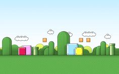 an image of a game with different colored objects in the sky and trees behind it