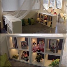 two pictures of children's playrooms with toys in them