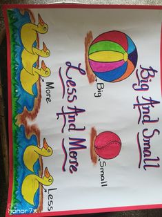 a bulletin board that has been decorated with colorful images and words on it, along with an image of a beach ball