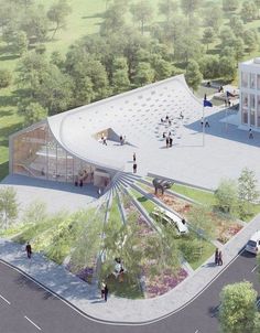 an artist's rendering of a building with people walking around it and trees in the background