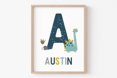 a is for austin with animals and plants in the letter'a ', on a white background