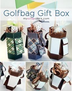 the collage shows how to make an origami golf bag gift box with tissue paper