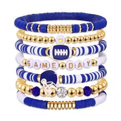 PRICES MAY VARY. ღ Game Day Bracelet: Finish off your game day outfits with our heishi bracelet set. Make a statement and celebrate your team's kickoff in style with these clay beaded stretch bracelet in your team colors, features football team colored disc clay beads, massage ‘GAME DAY’ and football charms, helmet charms and jersey charms strung on elastic bands. The perfect football accessories for sororities, college football games, high school or youth football games, and youth or high schoo Boho Bead Bracelets, Team Beaded Bracelets, Hieshi Clay Bracelets, Blue And Gold Bracelets, School Spirit Bracelets, Football Good Luck Gifts, Football Mom Must Haves, Blue Team Spirit Beaded Bracelets As Gift, Cheap Sporty Stretch Bracelet For Game Day