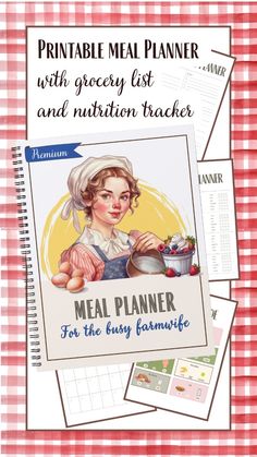 the meal planner is on top of a checkered table cloth with an image of a woman