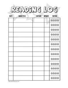 the printable reading log is shown in black and white with five stars on it