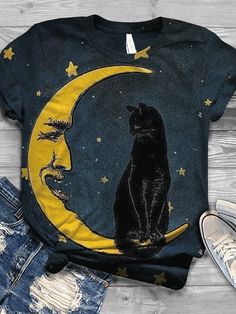 Women's T shirt Tee Cat Going out Weekend Black Navy Blue Blue Print Short Sleeve Streetwear Preppy Crew Neck Regular Fit Summer Spring 2024 - $16.99 Y2k Graphic Tees, Harajuku Aesthetic, Harajuku Women, Cartoon Shirts, T Shorts, Round Neck Shirt, Vintage Short, Cat T, Crew Neck Shirt