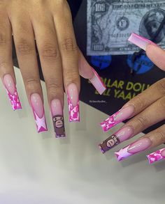 Pink Bapestas, Bape Nails, Drip Nails, Cute Acrylic Nail Designs, Acrylic Nails Coffin Pink, Unique Acrylic Nails, Long Square Acrylic Nails, Bling Acrylic Nails, Kawaii Nails