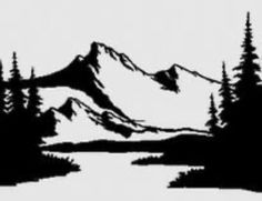 a black and white drawing of mountains with trees in the foreground