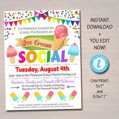 the ice cream social flyer is displayed on a wooden table