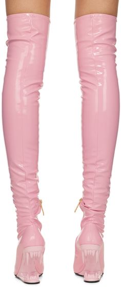 Over-the-knee stretch vinyl boots in pink. · Pointed toe · Zip closure with logo charm at inner side · Leather insole · Graphic plastic wedge heel · Stacked leather sole with rubber injection · Heel: H4.3 in Supplier color: Cradle pink Pink Leather Knee-high Boots, Pink Leather Fitted Knee-high Boots, Fitted Pink Leather Knee-high Boots, Pink Leather Knee-high Boots For Party, Luxury Pink Fitted Boots, Luxury Fitted Pink Boots, Vinyl Boots, Knee Stretches, Over The Knee