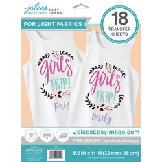 two white tank tops with pink and blue lettering on the front, one is for girls trip