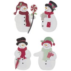 four snowmen with hats, scarfs and candy canes