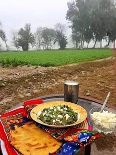 a plate of food on a table in front of a field with grass and trees