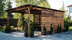 Innovative DIY Carport using Pallets Metal Sheet Roof, Wood Carport, Carport Plans, Painted Brick House, Carport Designs