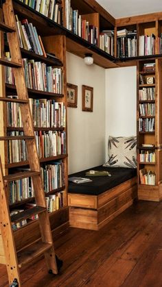 there is a bunk bed in the room with bookshelves