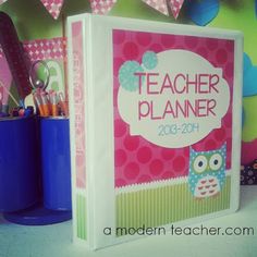 a teacher planner book with an owl design on the front and back cover, surrounded by school supplies