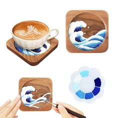 three coasters with designs on them being held by someone's hand and holding a spoon