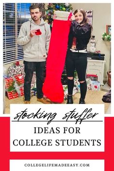 two people standing next to each other in front of a christmas tree with the words stocking stuff ideas for college students