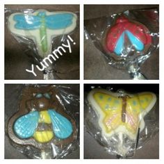 four images of decorated cookies in plastic wrappers