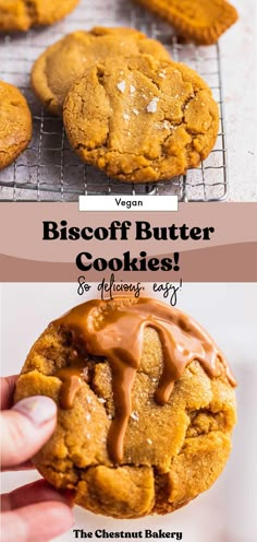 a close up of a cookie on a rack with the words vegan biscuit butter cookies