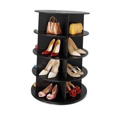 four tiered shoe rack with shoes and purses on it's sides in black