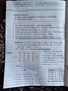 an open notebook containing information about organic chemicals and the contents of each one on it