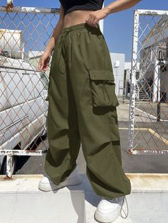 Women's Streetwear Sportswear Blockcore Sport Black Flap Pocket Side Drawstring Waist Parachute Cargo Pants Army Green Casual   Fabric Plain Parachute Non-Stretch  Women Clothing, size features are:Bust: ,Length: ,Sleeve Length: Parachute Cargo, Army Pants, Women Pants, Cargo Pants Women, Streetwear Women, Flap Pocket, Eos, Army Green, Drawstring Waist