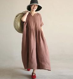 Coffee Loose Style Linen Dresses Summer long Women Dresses Short Sleev – SimpleLinenLife Wool Dresses, Women Summer Tops, Linen Dresses Summer, Dresses Short Sleeve, Short Sleeve Maxi Dress, Dresses Silk, Dresses Cotton, Linen Dress Women, Cute Maternity