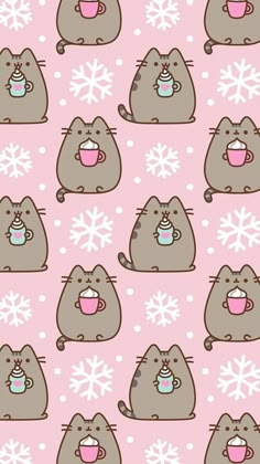 a pink background with pusho the pusho cat drinking coffee and snowflakes