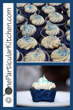 two pictures of cupcakes with white frosting and blue sprinkles