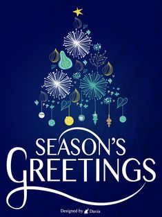 the season's greetings poster with a christmas tree and fireworks on it in blue