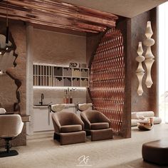 a living room filled with lots of furniture next to a wall mounted book shelf and window