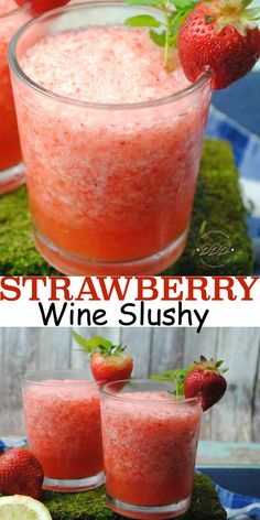 strawberry wine slushy in glasses with strawberries on top