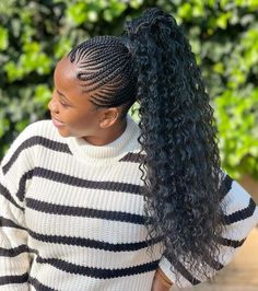 Cornrows With Curly Ponytail, Cornrows And Curly Weave, Cornrows With Ponytail Weave, Ponytail Cornrows Black Women, Braids With Curly Ponytail, Trendy Cornrows Black Women, Pony Braid Hairstyles, Curly Braided Ponytail, Hair Styles Cornrows