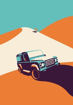 a car is driving through the desert with sand dunes in the background and a bird flying overhead