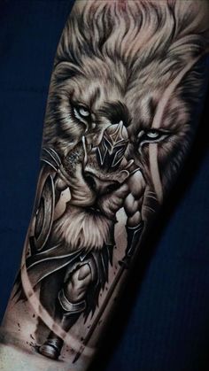 Lion Sleeve Tattoos For Guys, Mens Lion Sleeve Tattoo, Tattoos On The Buttocks, Lion And Warrior Tattoo Design, Lion Tattoo Designs For Men, Lion Tattoo Man, Tato Lion, Christian Lion Tattoo For Women, Tattoo Cover Up Ideas For Men Arm