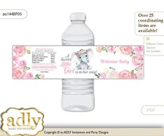 a water bottle label with an elephant and pink flowers on the front, in white