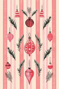 christmas ornaments on pink and white striped background with pine branches in the foreground, red baubles hanging from them