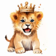 a watercolor painting of a lion cub wearing a crown