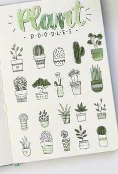 a notebook with plants drawn on it and the words plant doodles written in green ink