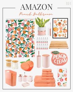 an assortment of items that include oranges, towels and other things to decorate with them