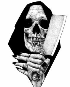 a black and white drawing of a skull holding a knife in his hand with the other hand