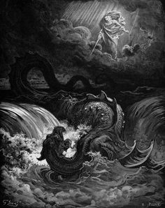 Leviathan, the sea monster is being destroyed by a heavenly being who shines from above in the clouds Leviathan Sea Monster, Leviathan Dragon, Sea Dragon Leviathan, The Leviathan, Types Of Dragons, Sea Snake, Gustave Dore