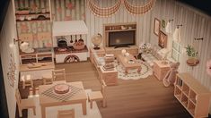 an overhead view of a dollhouse with furniture and decor on the walls, floors, and ceiling