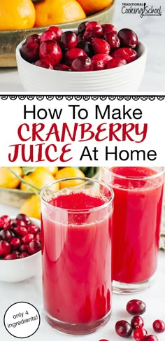 cranberry juice at home with oranges in the background and text overlay that reads how to make cranberry juice at home