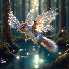 a cute little squirrel flying through the air over a forest filled with trees and water