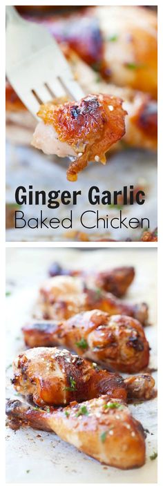 grilled chicken is being served on a fork with the words, ginger garlic baked chicken