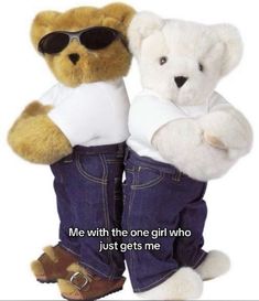 two teddy bears dressed in jeans and sunglasses