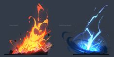 three different types of fire and water on a black background, one with blue flames