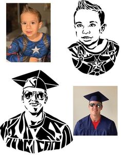 three pictures of people in graduation caps and gowns, one with a star on his cap